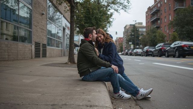 Couple sharing tender moment sitting on curb leaning together on urban street