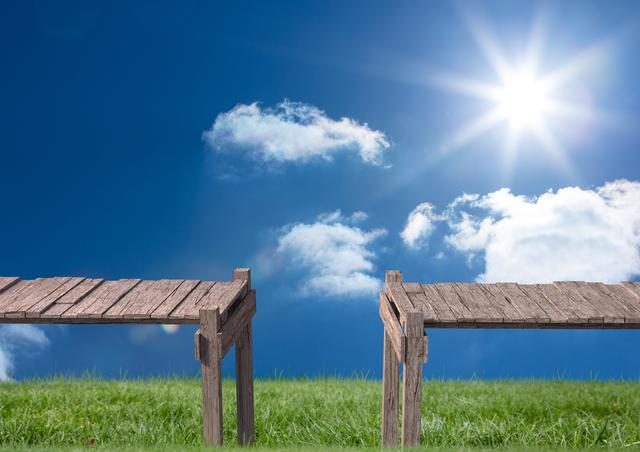 Separated Wooden Footbridges Against Sunny Blue Sky - Download Free Stock Photos Pikwizard.com