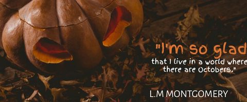 Carved Pumpkin Amidst Fallen Leaves with L.M. Montgomery Quote - Download Free Stock Templates Pikwizard.com