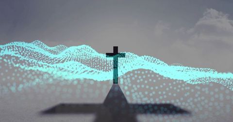 Dark cross silhouette casting long shadow with turquoise particle wave field
