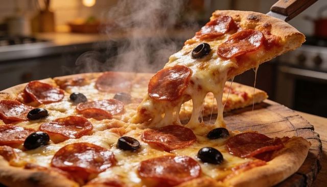 Lifting pepperoni pizza slice with stretching mozzarella and olives on rustic wooden board