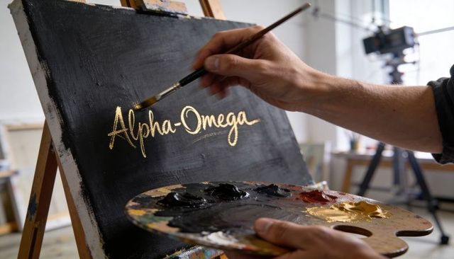Artist writing gold calligraphy on black canvas with palette and brush in studio closeup