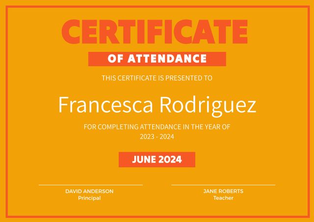 Certificate of attendance features bold orange and red header, acknowledging completion in 2024. Ideal for schools, educational events, awards, and official recognitions.