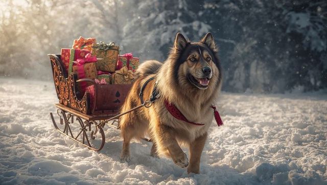 Festive Dog Pulling Sleigh of Gifts in Snowy Forest