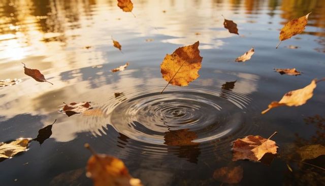 Floating autumn leaf creating concentric ripples on sunlit pond during golden hour