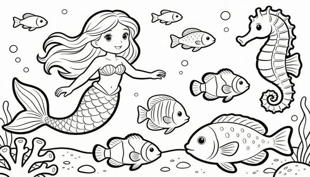 Cheerful mermaid swimming with tropical fish and seahorse underwater coloring page for kids