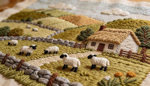 Hand-stitched country cottage embroidery with sheep and braided stone wall