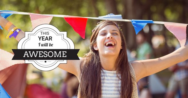 Image showcases a joyful woman with arms raised in celebration under colorful flags, symbolizing triumph and new beginnings. Perfect for inspirational content, motivational posters, and promotional materials aimed at positivity and self-improvement.