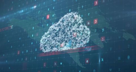 Holographic cloud visualizing global data network with glowing nodes and red alert tiles