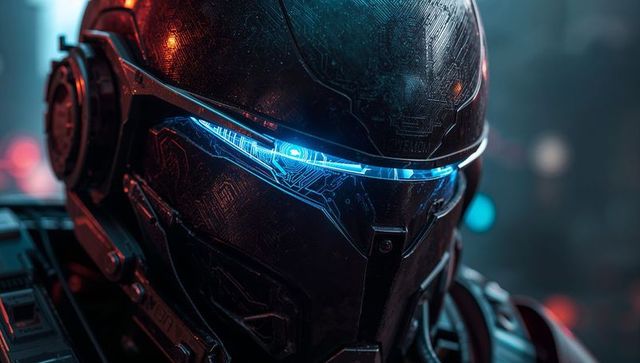 Futuristic Armored Warrior with Glowing Blue Visor in Sci-Fi Facility