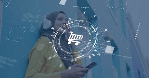 Muslim woman wearing hijab using smartphone with ar shopping cart overlay and headphones