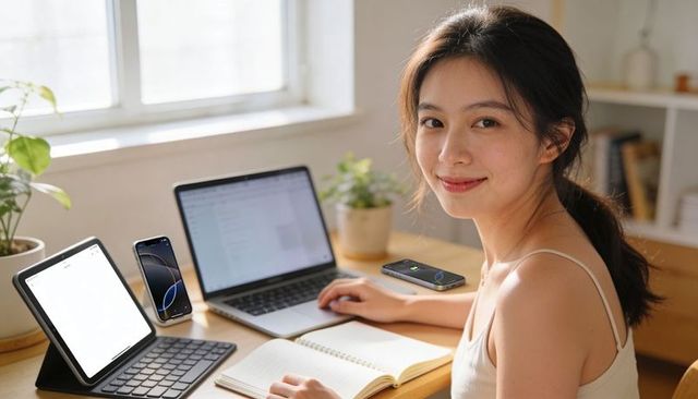 Sunlit home workspace with smiling woman typing on laptop and taking notes