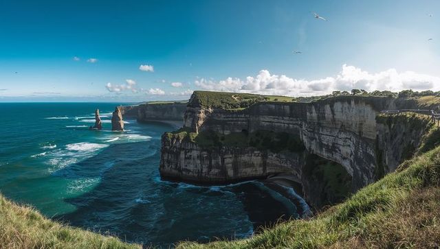 Dramatic stratified coastal cliffs and sea stacks towering above turquoise ocean panorama