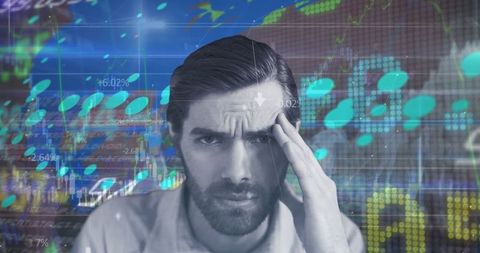 Focused Professional Analyzing Complex Financial Data Layered with Charts and Mapping