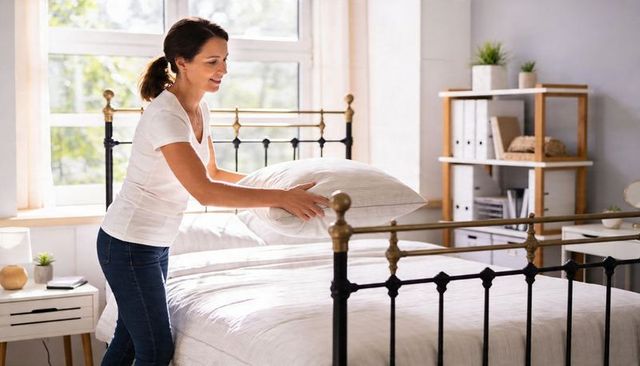 Woman making bed in bright minimalist bedroom with metal frame and plants