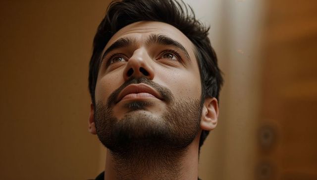 Contemplative young man gazing upward closeup beard warm wood elevator interior