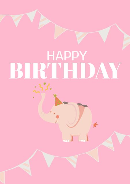 This adorable birthday card features a cute elephant wearing a party hat with bunting over a pink background. Adding a cheerful message of 'Happy Birthday,' it is ideal for children's parties. Suitable for decorating party invites, sending digital greetings, or even printed as a physical birthday card to give a warm and festive feel.