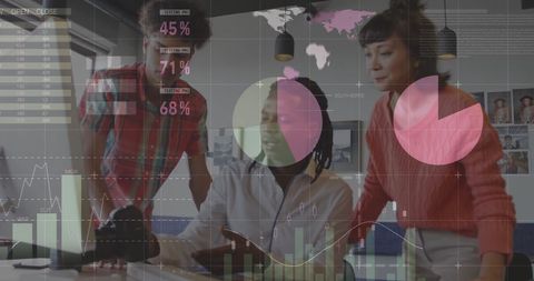 Collaborative Team Discussing Data Insights Amid Digital Overlay