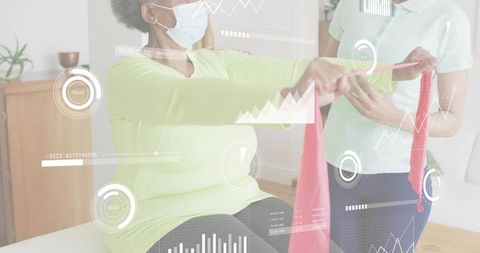 Caregiver guiding senior through resistance band arm exercise with health data overlay