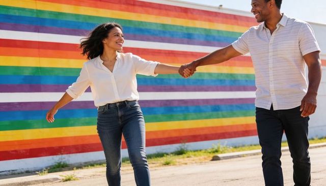 Couple holding hands walking past vibrant rainbow mural smiling in sunny urban street