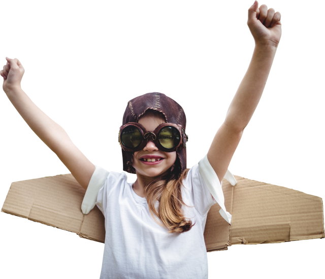 Transparent PNG Caucasian Girl Pretending to Fly with Cardboard Wings and Goggles - Download Free Stock Videos Pikwizard.com