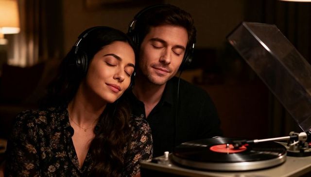 Couple enjoying cozy vinyl night with headphones and vintage turntable in warm lounge