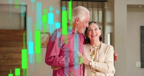 Senior couple embracing at home showing retirement financial growth with candlestick chart