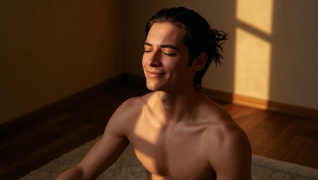 Sunlit serenity: shirtless young man meditating with eyes closed in minimal room