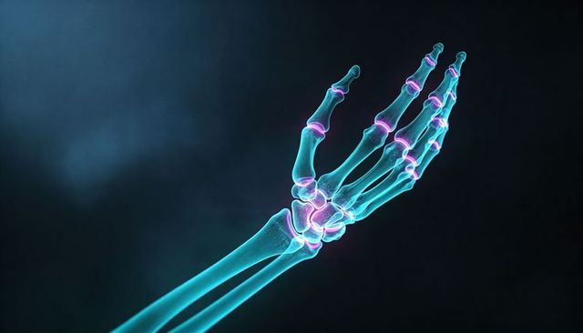Glowing cyan forearm and hand skeleton highlighting wrist and finger joints 3d render