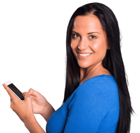 Brunette woman texting on smartphone with transparent background