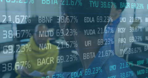 Financial Data Overlay on Busy Office Scene