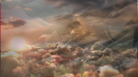 Argentinian Flag Blending with Vibrant Sunset Sky