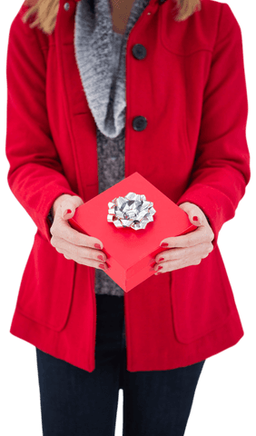 Woman in Red Coat Holding Gift Box on Transparent Background