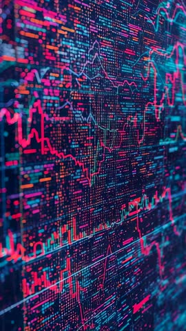 Vertical Video of Live Data Stream Visualizing Market Charts with Pulsing Lines and Animated Bars