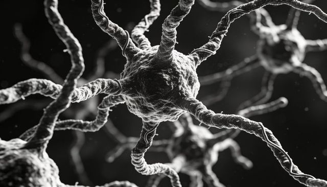 Neuronal soma sending branching neurites forming synapses in high-contrast micrograph