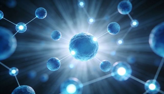 Glowing Blue Molecular Lattice Radiating Light from Central Node 3D Science Concept