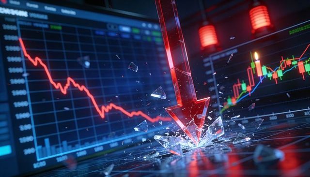 Plunging red arrow shattering glass on trading dashboard illustrating market crash alert
