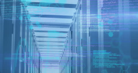 Futuristic Data Center with Digital Code Overlay Concept