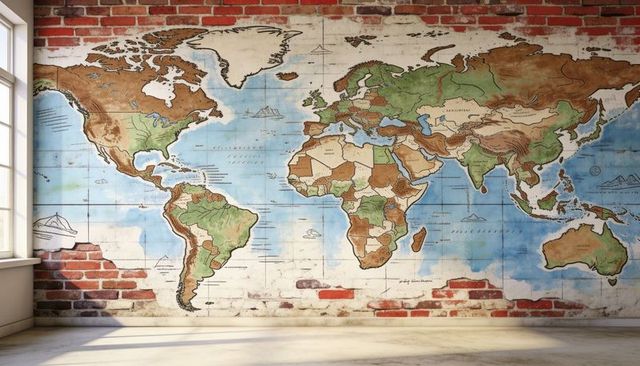 Displaying vintage world map mural on exposed red brick wall in sunlit loft