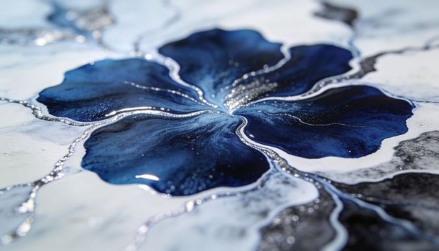 Glossy indigo resin flower with silver mica veins, navy marbled metallic macro