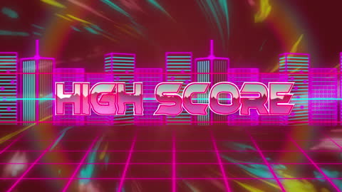 Retro Neon High Score Graphics with Cityscape Background