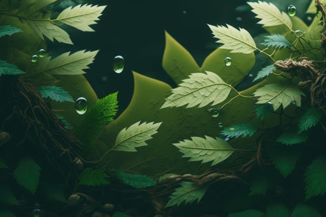 Different green plants leaves and water drops created using generative ai technology. Tropical foliage, nature and background concept digitally generated image.
