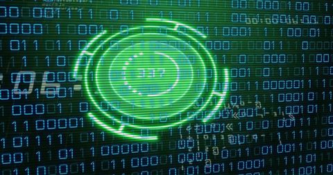 Neon Green HUD Interface Rotating Over Binary Matrix for Cybersecurity Visualization