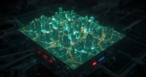 Futuristic Holographic City Model Illuminated in Motion