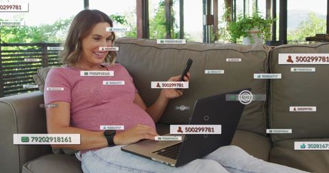 Pregnant woman engaging with social media on laptop and smartphone