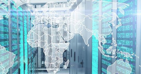 Futuristic Data Center Aisle with Holographic World Map and Streaming Binary Code