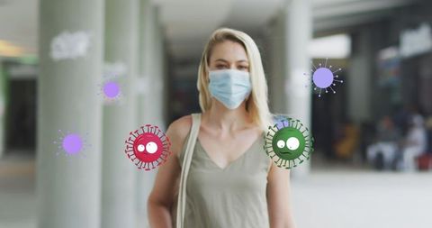 masked woman navigating covid-19 pandemic with virus graphics - Download Free Stock Images Pikwizard.com