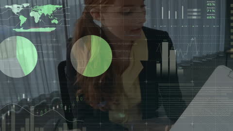 Businesswoman Analyzing Complex Digital Data in Modern Office