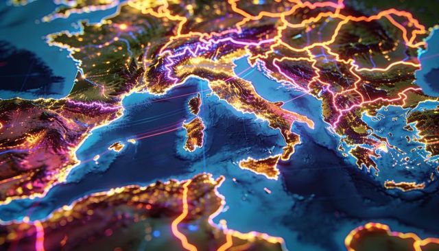 3d neon cartography highlighting italian peninsula at night with glowing city networks