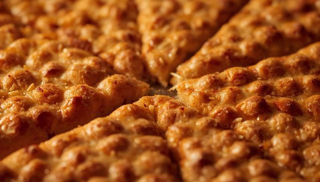 Bubbling golden cheese pizza slices macro closeup melting mozzarella on crisp crust